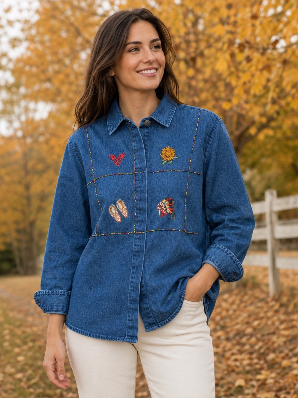 The Eagle’s Eye VTG Native American Denim Button‎ Down Shirt Size Medium